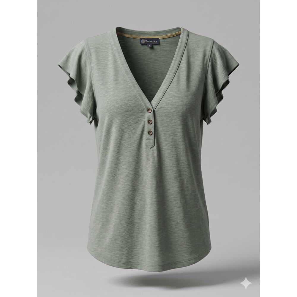 Democracy Women's S Boho Minimalist Staple V-Neck Henley Flutter Sleeve Top